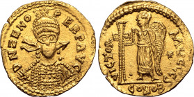 Julius Nepos AV Solidus. In the name of Zeno. Uncertain mint, AD 474-475. D N ZENO PERP AVG, helmeted, pearl-diademed and cuirassed bust facing, holdi...