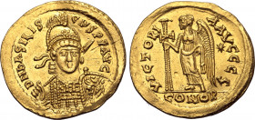 Basiliscus AV Solidus. Unidentified imperial mint, 9 January AD 475 - August AD 476. D N bASILISCµS P P AVG, helmeted, pearl-diademed and cuirassed bu...