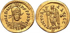 Basiliscus AV Solidus. Constantinople, 9 January - August AD 475. D N bASILISCµS P P AVG, helmeted, pearl-diademed and cuirassed bust facing, holding ...