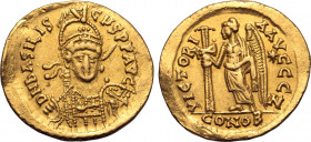 Basiliscus AV Solidus. Constantinople, 9 January - August AD 475. D N bASILISCµS P P AVG, helmeted, pearl-diademed and cuirassed bust facing, holding ...
