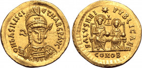 Basiliscus and Marcus AV Solidus. Constantinople, autumn AD 475 - August AD 476. D N bASILISCI EƮ MARC P AVG, pearl-diademed, helmeted and cuirassed b...