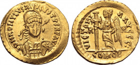 Romulus Augustus AV Solidus. Rome, 31 October - early September AD 476. D N ROMVLVS AVGVSTVS P F AVG, helmeted, pearl-diademed and cuirassed bust faci...