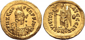 Pseudo-Imperial, Odovacar (Odoacer) AV Solidus. In the name of Zeno. Ravenna, AD 476-489. D N ZENO PERP F AVG, helmeted, pearl-diademed and cuirassed ...
