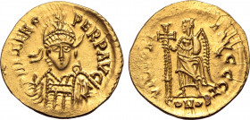 Visigoths, Uncertain King AV Solidus. In the name of Zeno. Arles(?) mint, AD 480-491. D N I ZENO PERP AVG, helmeted, pearl-diademed and cuirassed bust...