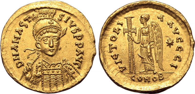 Anastasius I AV Solidus. Constantinople, AD 492-507. D N ANASTASIVS P P AVG, hel...