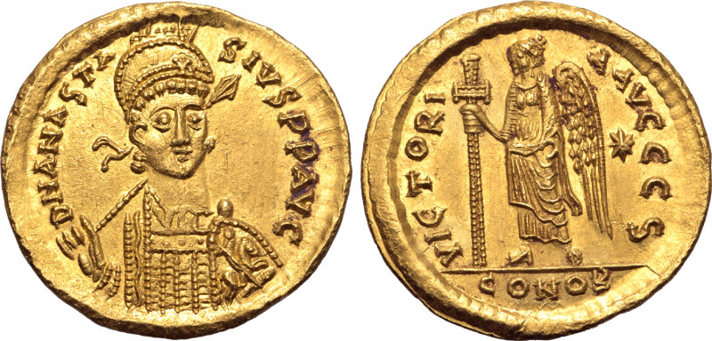 Anastasius I AV Solidus. Constantinople, AD 491-498. D N ANASTASIVS P P AVG, hel...