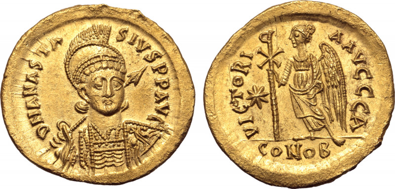 Anastasius I AV Solidus. Constantinople, AD 498-518. D N ANASTASIVS P P AVC, hel...