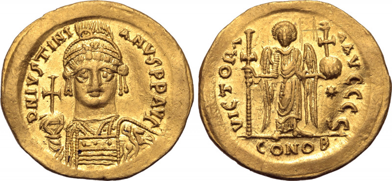 Justinian I AV Solidus. Constantinople, AD 538-545. D N IVSTINIANVS P P AVC, hel...