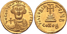 Constans II AV Solidus. Constantinople, AD 650-651. ∂ N CONSƮANƮINЧS P P AV, bust facing, with short beard, wearing crown and chlamys, and holding glo...