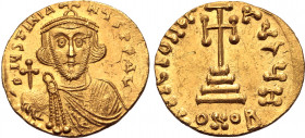 Justinian II AV Solidus. First reign. Constantinople, AD 687-692. D IЧSƮINIANЧS PЄ AV, facing bust with short beard, wearing crown and chlamys, holdin...