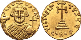 Leontius AV Solidus. Constantinople, AD 695-698. D LЄON PЄ AV, crowned bust facing, wearing loros, holding akakia and globus cruciger / VICTORIA AVςЧ ...