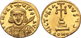 Tiberius III Apsimar AV Solidus. Constantinople, AD 698-705. D ƮIbЄRIЧS PЄ AV, crowned and cuirassed bust facing, with short beard, holding spear and ...