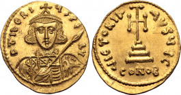 Tiberius III Apsimar AV Solidus. Constantinople, AD 698-705. D ƮIbЄRIЧS PЄ AV, crowned and cuirassed bust facing, with short beard, holding spear and ...