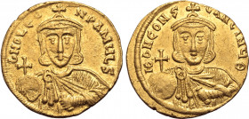 Leo III 'the Isaurian', with Constantine V, AV Solidus. Constantinople, AD 735-740. ∂ NO LЄON P A MЧL ς, crowned bust of Leo facing, wearing chlamys, ...