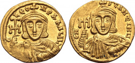 Constantine V Copronymus, with Leo III, AV Solidus. Constantinople, AD 742-745. C LЄON P A MЧL ', crowned and draped bust of Leo facing, holding cross...