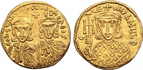 Constantine V Copronymus, with Leo IV and Leo III, AV Solidus. Constantinople, AD 756-764. COҺSƮAҺƮIҺOS S LЄOҺ O ҺЄOS, crowned facing busts of Constan...