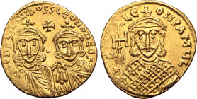 Constantine V Copronymus, with Leo IV and Leo III, AV Solidus. Constantinople, AD 756-764. COҺSƮAҺƮIҺOS S LЄOҺ O ҺЄOS, crowned facing busts of Constan...
