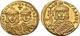 Constantine V Copronymus, with Leo IV and Leo III, AV Solidus. Constantinople, AD 756-764. COҺSƮAҺƮIҺOS S LЄOҺ O ҺЄOS, crowned facing busts of Constan...