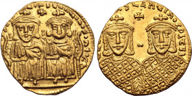Constantine VI, with Leo III, Constantine V, and Leo IV, AV Solidus. Constantinople, AD 780-787. [LЄOҺ VS S ЄςςOҺ] COҺSƮAҺƮIҺOS O ҺЄOS B, Leo IV and C...