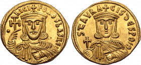 Nicephorus I, with Stauracius, AV Solidus. Constantinople, AD 803-811. • ҺICIFOROS ЬASILЄI, crowned facing bust of Nicephorus, wearing chlamys, holdin...