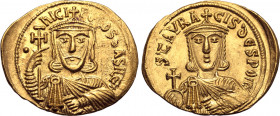 Nicephorus I, with Stauracius, AV Solidus. Constantinople, AD 803-811. • ҺICIFOROS ЬASILЄI, crowned facing bust of Nicephorus, wearing chlamys, holdin...