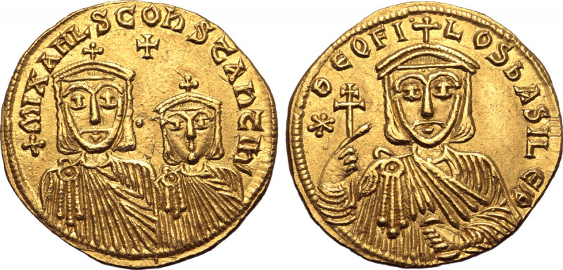 Theophilus, with Michael II and Constantine, AV Solidus. Constantinople, AD 831-...