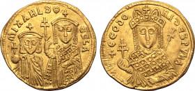Michael III, with Theodora and Thecla, AV Solidus. Constantinople, AD 842-850. • MIXAHLS ӨЄCLA, facing busts of Thecla on right, wearing crown with cr...