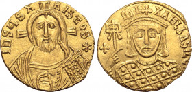 Michael III 'the Drunkard' AV Solidus. Constantinople, AD 856-866. IhSЧS XRISTOS *, facing bust of Christ Pantokrator, wearing pallium and colobium, c...