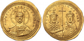 Basil II Bulgaroktonos, with Constantine VIII, AV Histamenon Nomisma. Constantinople, AD 1005-1025. ⧾ IҺS XIS RЄX RЄGNANTIҺM, facing bust of Christ Pa...
