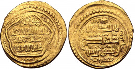 Ilkhans, Abu Sa'id AV Dinar. Type D. Jujarm mint, AH 722 = AD 1317. Kalima in three lines across; mint in field / "The greatest Sultan Abu Sa'id God g...