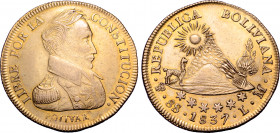 Bolivia, Republic. Simón Bolívar AV 8 Scudos. Potosí mint, 1837LM. LIBRE POR LA CONSTITUCION•, bust to right, wearing military uniform; BOLIVAR below ...