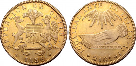Chile, Republic AV 8 Escudos. Santiago, 1838 So IJ. ⧾ REPUBLICA DE CHILE • S˚(mintmark) ⧾, coat-of-arms of Chile supported by condor and huemul, both ...