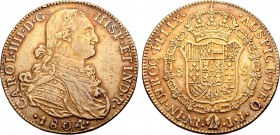 Colombia, Spanish Colonial. Charles IV AV 8 Escudos. Nuevo Reino (Santa Fé de Bogotá) mint, 1804 NR JJ. CAROL • IIII • D • G • HISP • ET IND • R •, ar...