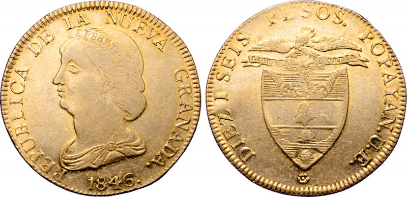 Colombia, Republic of Nueva Granada AV 16 Pesos. Popayan mint, 1846. Assayer UE....