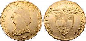 Colombia, Republic of Nueva Granada AV 16 Pesos. Popayan mint, 1846. Assayer UE. REPUBLICA DE LA NUEVA GRANADA., draped bust of Liberty to left, weari...