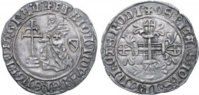Crusaders, Knights of Rhodes (Order of St. John). Raymond Bérenger AR Gigliato. 1365-1374. ✠ F • RAIMVNDVS ⚬ BЄNGARII D GRA M, Grand Master kneeling t...