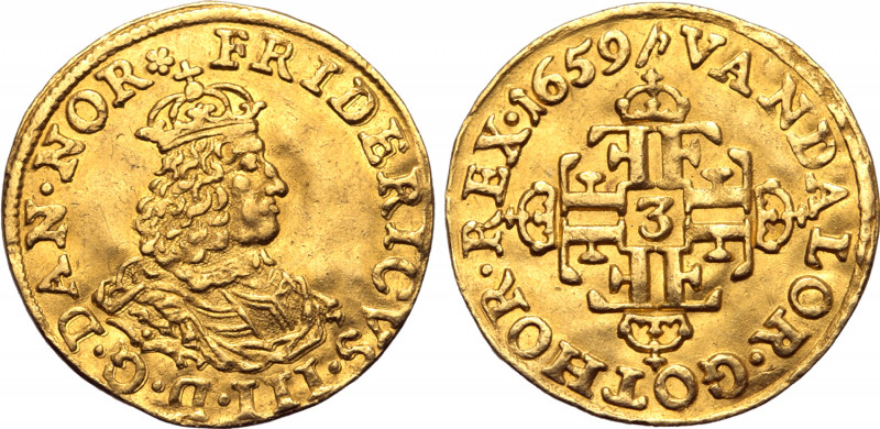 Denmark, Kingdom. Frederik III AV 1/2 Ducat. Copenhagen mint, 1659. Heinrich Köh...