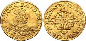Denmark, Kingdom. Frederik III AV 1/2 Ducat. Copenhagen mint, 1659. Heinrich Köhler, mintmaster; dies by Matthias Först and Johann Blum. FRIDERICVS • ...