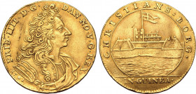 Denmark, Kingdom. Frederik IV AV 2 Ducats. Copenhagen mint, 1701. Christian Wineke, mintmaster. FRID • IIII • D • G • DAN • NO • V • G • REX •, armour...