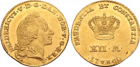 Denmark, Kingdom. Frederik V AV 12 Marks. Copenhagen mint, 1760. Peter Nicolai van Hauen, mintmaster; dies by Johann Henrik Wolff. FRIDERICVS • V • D ...