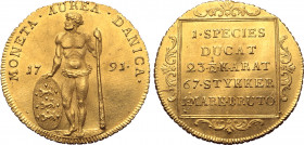 Denmark, Kingdom. Christian VII AV Ducat. Altona mint, 1791. MONETA * AUREA * DANICA * , wildman standing facing, head to left, holding a long club in...