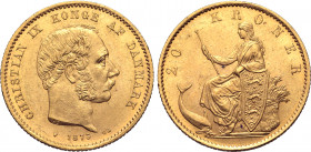 Denmark, Kingdom. Christian IX AV 20 Kroner. Copenhagen mint, 1873. CHRISTIAN IX KONGE AF DANMARK, bust to right, date and mint marks below / Seated f...