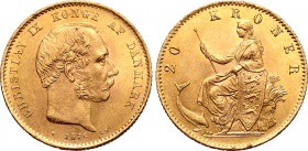 Denmark, Kingdom. Christian IX AV 20 Kroner. Copenhagen mint, 1876. CHRISTIAN IX KONGE AF DANMARK, bust to right, date and mint marks below / Seated f...