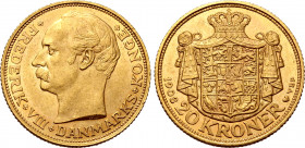 Denmark, Kingdom. Frederik VIII AV 20 Kroner. Copenhagen mint, 1908. ❀ FEDERIK ❀ VIII ❀ DANMARKS ❀ KONGE ❀, bust to left / Crowned and mantled coat-of...