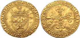 France, Kingdom. Louis XI le Prudent (the Prudent) AV Écu d'or au soleil. Châlons-en-Champagne mint, struck from 2 November 1475. ♛ LVDOVICVS ⦂ DЄI ⦂ ...