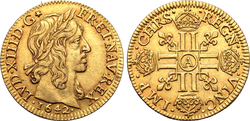 France, Kingdom. Louis XIII AV Louis d'or à la mèche longue. Paris mint, 1642. L...