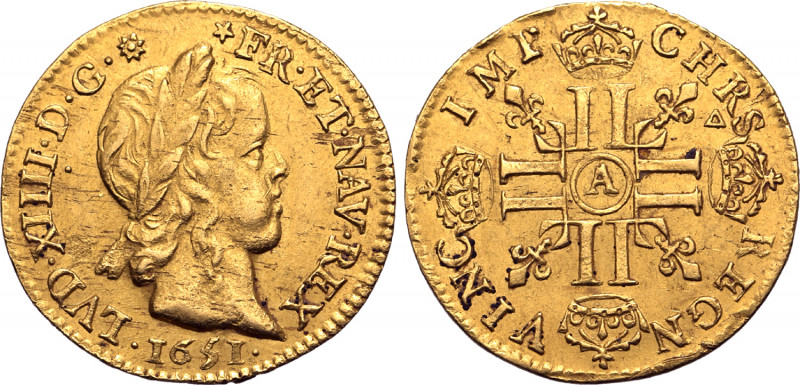 France, Kingdom. Louis XIV AV Demi-Louis d'or à la mèche longue. Paris mint, 165...