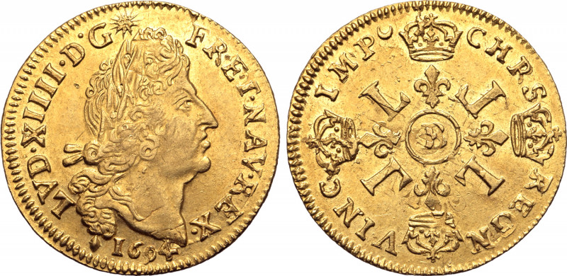 France, Kingdom. Louis XIV AV Louis d'or aux quatre L. Rouen mint, 1694. Dies by...