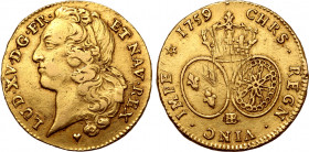 France, Kingdom. Louis XV AV Double Louis d'or au bandeau. Strasbourg mint, struck 1759. LUD • XV • D • G • FR • ET NAV • REX, bust to left, mintmark ...