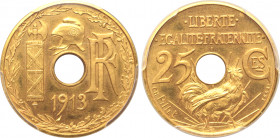 France, Third Republic. AV Essai de 25 Centimes. Paris mint, 1913. Dies by Charles Pillet. Central hole topped by pileus, fasces to left, FR monogram ...